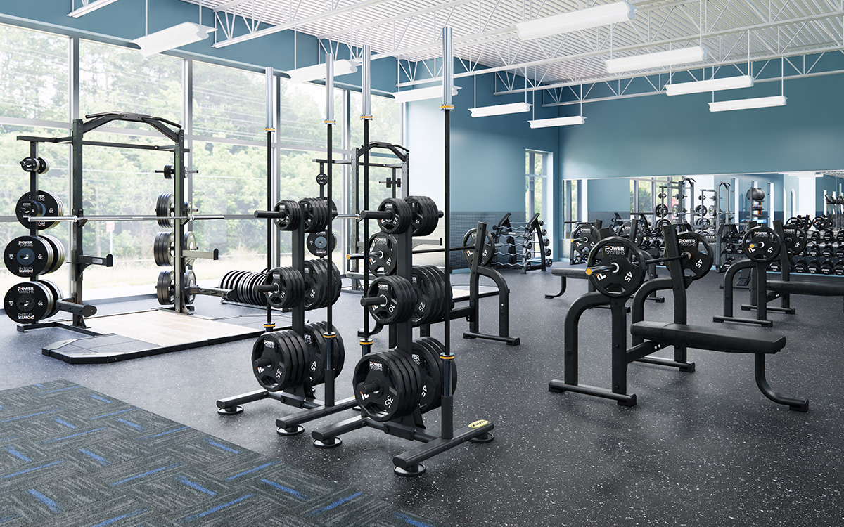 Strength Training Room with Rack, Plates, Benches